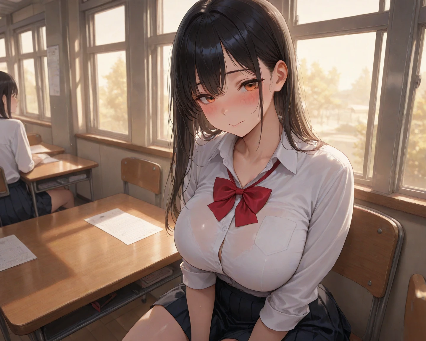 ((The woman is kneeling and staring with her tongue sticking out as if licking.:1.4)), (Melted ice cream dripping from my tongue:1.2), (Melted ice cream wets my face:1.2), cum in face, ((highest quality)), (Super detailed), (very detailed CG 統合 8k 壁紙), very detailed, High resolution raw color photos, professional photography, ((beautiful big breasts)), brown hair, side ponytail, wonderful face and eyes, slender body, (amazingly beautiful girl), (school classroom:1.3), (blazer, white shirt, checked skirt, Red ribbon at neck), (Her shirt is open around her chest, exposing her bra, Stylish pink micro bra), Exact number of arms, Exact number of legs, perfect anatomy, (embarrassed expression, (Expressions of sexual pleasure:1.3),, Eyes half-open,), (The melted ice cream wets my chest:0.87), Angle from above