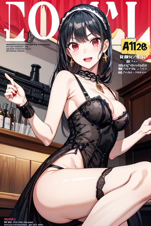 1 girl, small nose, very beautiful detailed face and eyes, bright colors, cute face, delicate beautiful face, Bright magenta eyes, cute eyes, sparkling eyes, Big eyes, (big breasts:1.3), (perky chest:1.1), (pointed chest:1.0), (cake magazine cover:1.3)，highest quality, WorKs of masters, High resolution,BlacK color hair，shiny hair, side ponytail,hair between eyes,bangs, (black jacket, real clothes, cleavage, black skirts, black thighhighs, thigh strap, fingerless gloves, single glove:1.2) , spread legs, panties shot, medium hips, glamorous body, white skin, smile, thin pubric hair, super beautiful face, Super beautiful eyes, Super beautiful hair，trendy outfit，sexy and attractive,full body esbian, Real World, Natural light,perfect Natural light,(with sparkling eyes and a contagious smile), This masterpiece is not only visually stunning but also tells, make of cake cooking , in the kitchen, open mouth, looking at viewer, 