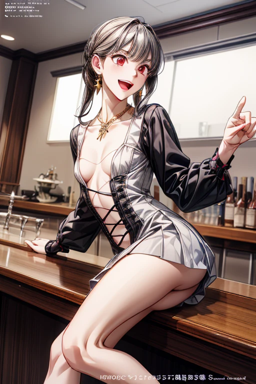 score_9, score_8_up, 1girl, completely nude, bowtie, leg up, pussy juice, pussy, areola slip, looking at viewer, simple background, black hair, black eyes, ponytail, medium hair, covering breasts, shiny skin