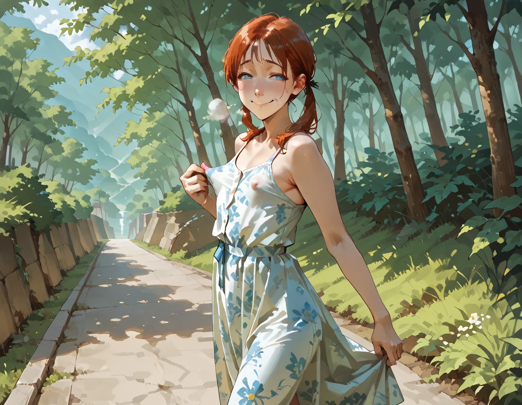 art by kipteitei, (1girl, solo:1.1) out of breath, walking down hill, floral sundress, no bra, (best quality, masterpiece). from the side, lanscape picture, sunbeams, beautiful landscape, , red face, (smug emotions), (wide infragluteal fold:1.2), (huge fat girl) , (pinching nipples, covered nipples:1.2), (beautiful blue eyes) (small breasts), (butt shot:1.2) (skinny girl:1.2)