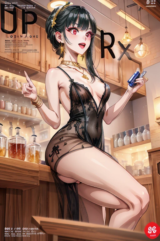 (fantasy:1.5),(anime,8k,masterpiece, top quality, best quality,beautiful and aesthetic:1.2,professional illustrasion:1.1,ultra detail:1.3,perfect lighting),extremely detailed,highest detailed,incredibly absurdres , highres, ultra detailed,intricate:1.6,(Alchemy Workshop:1.4),A girl mixing,Medicine in many small bottles,holding small potion,colorful:1.4,zentangle,(1girl),(girl),(Three kingdoms female warload),(highly detailed beautiful face and eyes,firm breasts),oily skin,((black,hair,short bob with short pony tail hair)),thin pubic hair,cute,lovely,34 years old,alchemist costume,Merchant's Clothing,smile,in the kitchen,smile,seductive weak smiling,(with sparkling eyes and a contagious smile),open mouth, Looking at Viewer, 