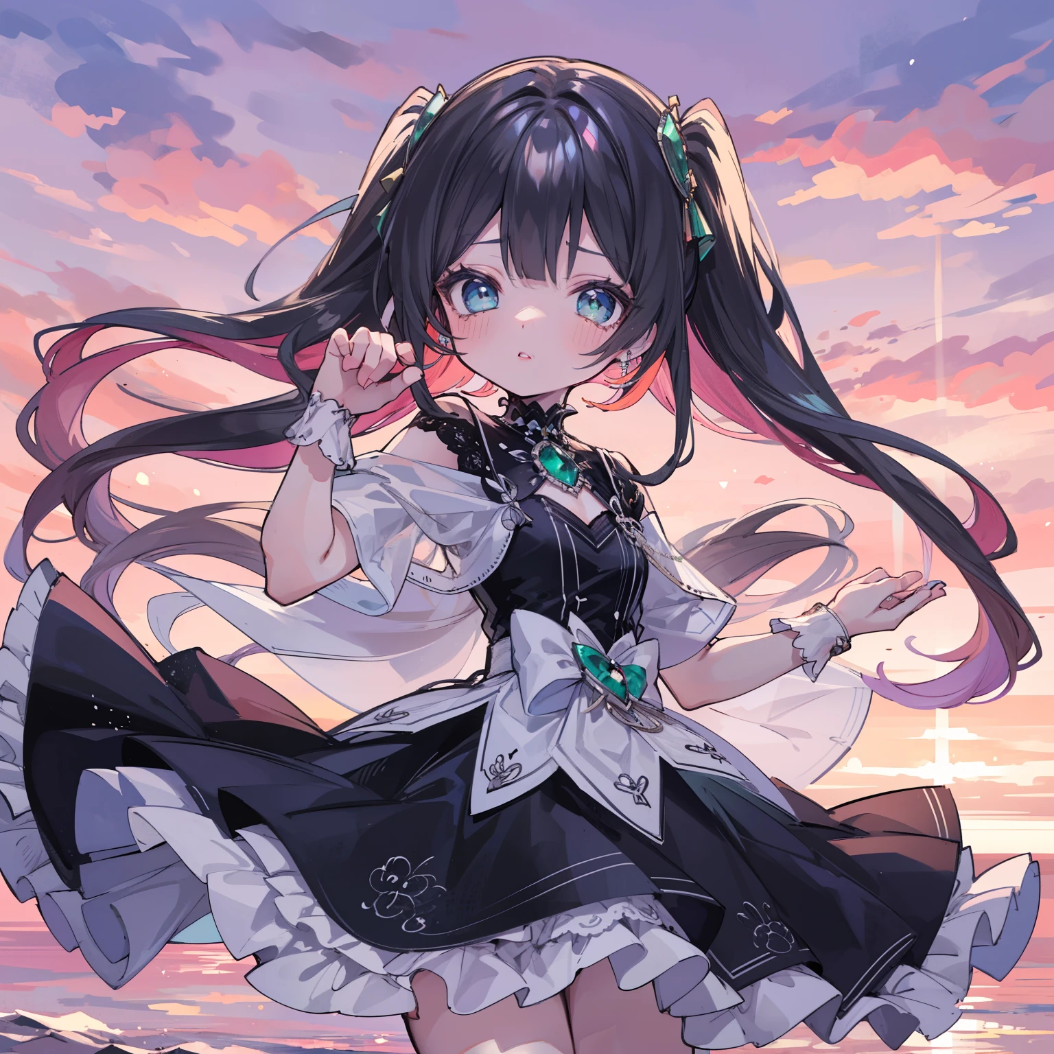 Women, black hair, emerald eyes , blue doll clothes combined with emerald green, pink cheeks and pink lips, pretty face, Cute sunset background, pose de la chica flotando, expresión triste y lágrimas flotando por el cielo