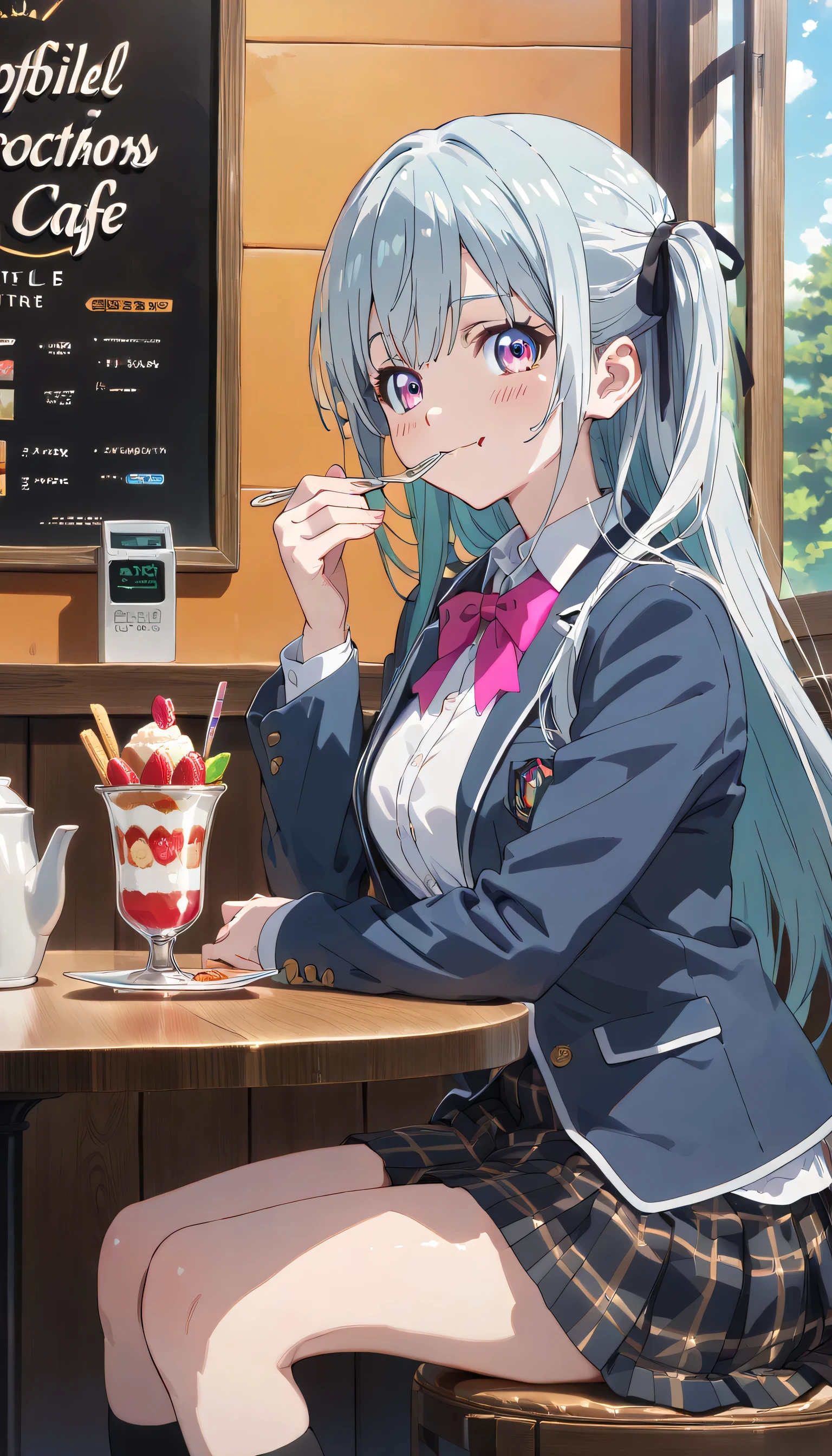 ((ultra-detailed)), (highly detailed CG illustration), (best quality:1.2), ultra-highly detailed, colorful composition, artistic photoshoot, 1girl, solo focus, ((thigh to top:1.4)), ((cowboy shot:1.4)), moe anime character, super popular super idol, girl, dainty facial structure, (bab(round face), ((rounded chin:1.2)), ((ideal ratio body proportions)), celia-default, celia claire, blue eyes, sparkle eyes, ((closed eyes)), ((silver hair color)), ((two side up)), ample breast, school uniform, navy blue blazer, modern style with fitted jacket, red neck bow, long sleeves white frilled shirt, navy blue pleated skirt, and black high socks, ((delicious:1.4)), ((smile:1.4)), ((happy:1.4)), ((joyful:1.4)), puffy cheeks as eating, ((sit on the cafe terrace:1.4)), ((eating strawberry parfait:1.4)), ((parfait on the mint:1.4)), ((holds a long handle spoon in right hand)), from side, best quality, masterpiece, expecting, pink cheek, blush, light pink gloss slip, portrait, depth of field, poured sunlight, sidelighting, (shine), lighting, caustics, ray tracing, perfect face, lustrous skin, highly detailed face, highly detailed eyes, perfect face, perfect nose, perfect hair, perfect eyes, perfect anatomy, beautiful hair, beautiful small face, extremely detailed face, beautiful detailed eyes, beautiful clavicle, beautiful body, beautiful huge breasts, leavage, breasts squeezed together, equalize the size of the left and right breasts, beautiful thin thighs, beautiful legs, beautiful fingers, 4 fingers, 1 thumb, lovely, (very detailed background:1.0), (highly detailed background:1.0), intricate details, joyful atmosphere, colorful and sparkling colors palette, chromatic aberration