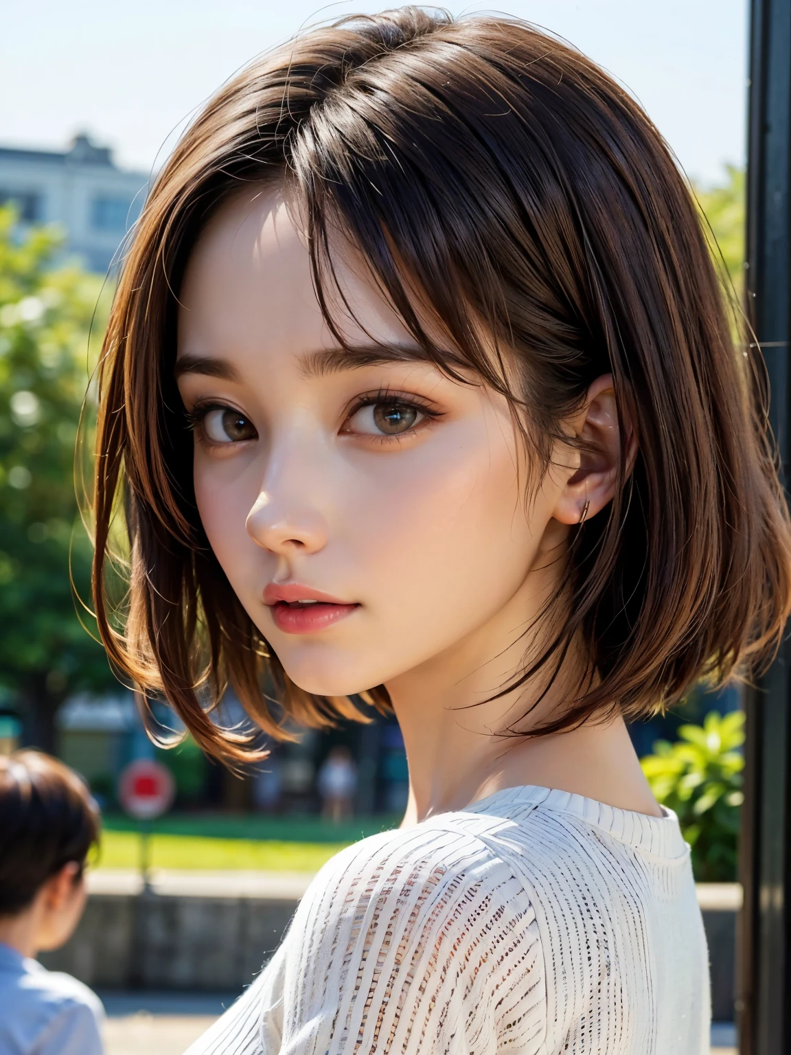 Face softening, (lifelike:1.4), original photo, 1 japanese girl, alone, Lovely, (shy smile:0.5), (clear eyes, There is light in the eyes), Detailed beautiful face, (small breasts),(High resolution detail of human skin texture), (short hair), Leisure, Vest, skirt