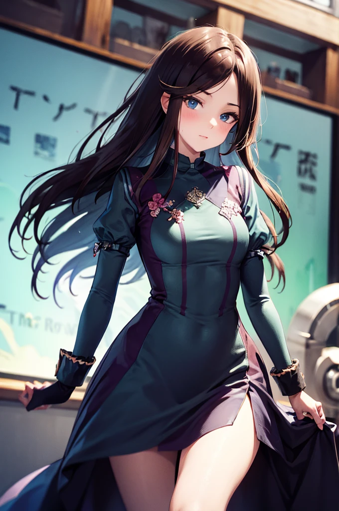 (masterpiece:1.3),(best quality:1.1),1girl,high quality,highres,absurdres,textless version,huge breasts,narrow waist,solo,looking at viewer,<lora:Saya-long breasts3:0.35>,sagging breasts,Industrial wind,Chinese architecture,full_shot,night,night sky,<lora:LoPoBiaElaine:0.7>,LoPoBiaElaine,1girl,solo,very long hair,blue eyes,pleated skirt,miniskirt,green shirt,black hair,green gloves,bare shoulders,hairband,sleeveless,brooch,green skirt,seductive smile,open clothes,