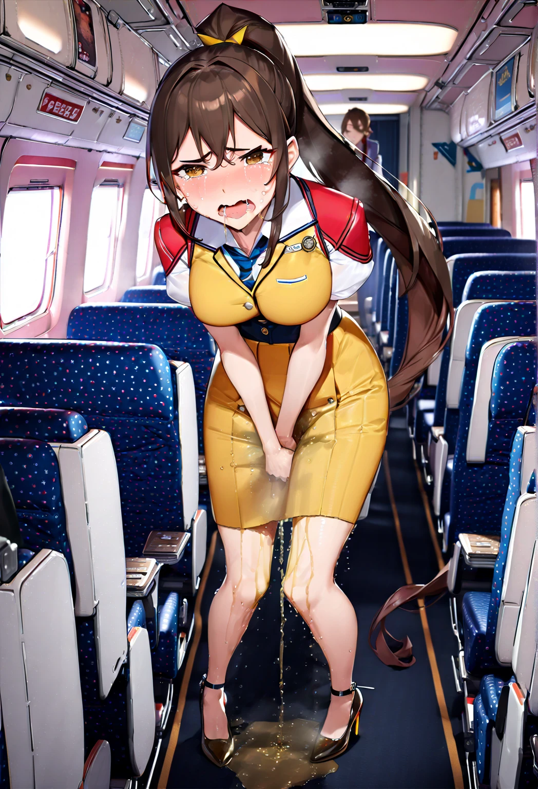 NSFW, (masterpiece, top quality, best quality, highly detailed:1.6), anatomically correct,(flight attendant:2.5),(inside an airplane:2), (standing:2.5),(leaning forward, hands between legs:2), (Touching crotch, holding crotch:3), (close knees, pee running down legs:2.5), (((clutching crotch))), (full body), wide shot, long shot, strong facial expression, (sharp eye:1.2), (scowl:1.1), (embarrassed,blush:1.3), (steam:2.9), (Wet:1.1), (sweat:1.1), (trembling:2.3), (open mouth, wavy mouth:1.4),(drooling:2.5), (open eyes:2.9), (tears:2.9), (bravery crying, sobbing:1.5), (empty eyes, dead eyes:2.5),(shoot from front:1.2), colorful, ((indoor)), (Ponytail, very long hair, Dark brown hair, Extra long hair:1.9), (glasses:0.3), (woman trembling with sexual climax), urination, piss, peeing self, A lot of pee, large breasts, (((pee stream))), (pee puddle), pee stain, peeing, blush, embarrassed, Are crying, Yellow pee, ((leaking pee)), Shaking one's shoulders, Breaking a sweat on forehead, Wetting self, puddle of pee, Pee at your feet, Pee spread on the floor, Pee stains, Dripping pee between my legs, Feet Wet from pee, Pee-covered feet, Pee at your feet, want to pee, about to pee, Full bladder, Pee-soaked shoes, Pee-soaked ankle socks, The limit of holding in pee, A big pee, Pleasant pee, a big puddle of urine at my feet, Non-stop peeing, Unstoppable peeing, panty Wet with pee, can't make it to the toilet in time and I pee, A pleasant feeling of urination after holding it in to the limit,Pee-soaked skirt, Pee-soaked thighs,Pee-soaked hands, natural makeup,