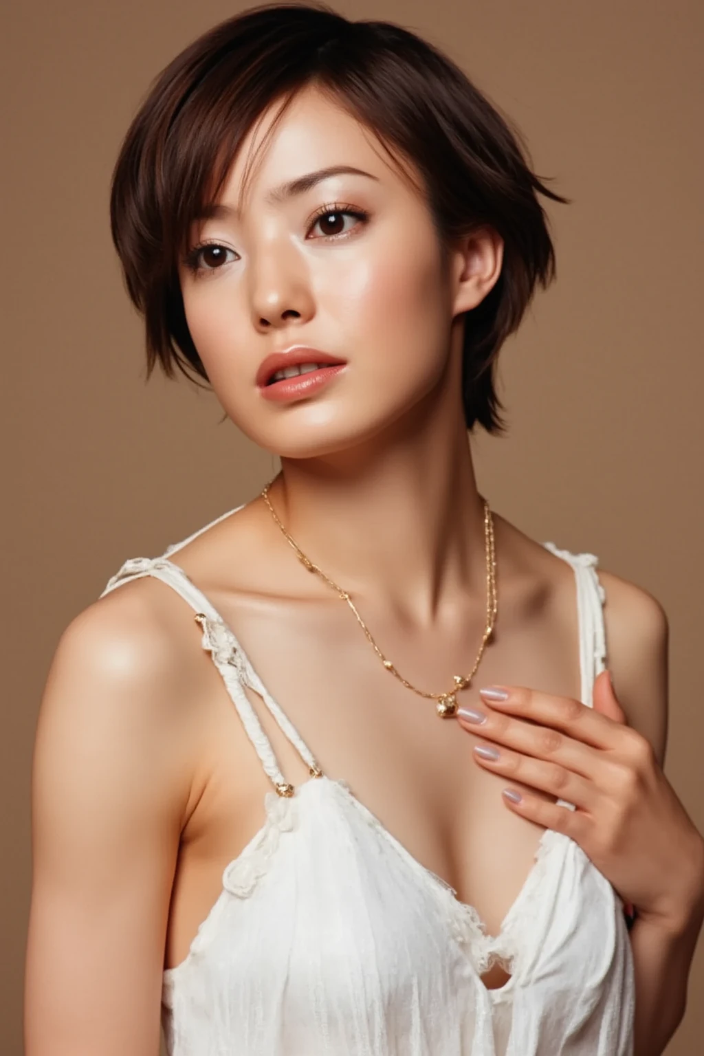 (Best quality, 8k, 32k, Masterpiece, UHD:1.2),Photo of Pretty Japanese woman, ギャル large breasts, very short bob hair,upper body,face focus,oversized_白いTシャツ, necklace, simple background, from above, looking at viewer,