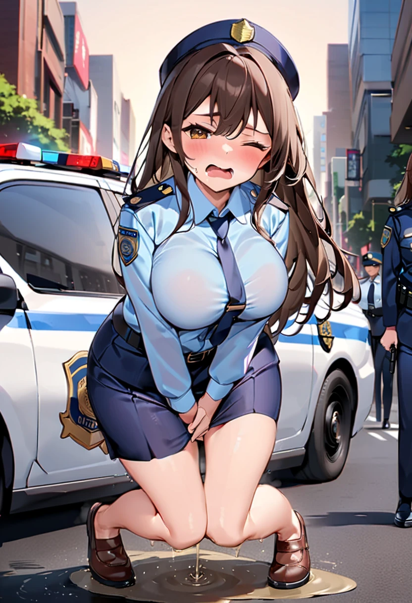 Masterpiece, best quality,solo, (detailed face), minami kotori, curvy body, slightly from side,sweaty, embarrassed,(highleg white micro bikini:1.2),earrings, elbow gloves, necktie , standing,police cap,in street,looking at viewer, cowboy shot, thighs, wide hips, thighhighs, voluptuous, huge breasts, public, (surrounded by civilian men),
