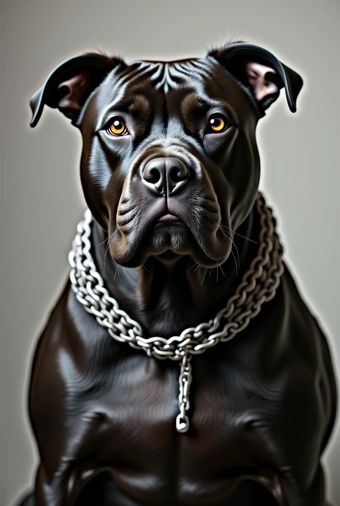 American Bully dog, black, white chest, with two mustard-colored spots above his eyes, small ears, he has a gold chain collar, honey-colored eyes, his face is too cute, his nails are black.