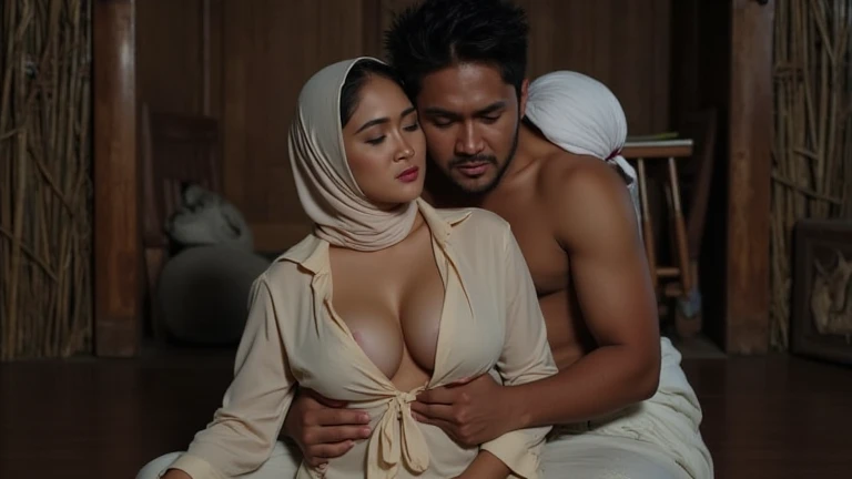 ((best quality)), ((masterpiece)), (detailed), 4K, perfect face, malay woman, 30 years old Man, 25 years old malay woman wearing pink hijab and bra, woman small breast and slim body, man hugging woman from behind, man grabbing woman breast from behind, facing camera, horny face, mouth open