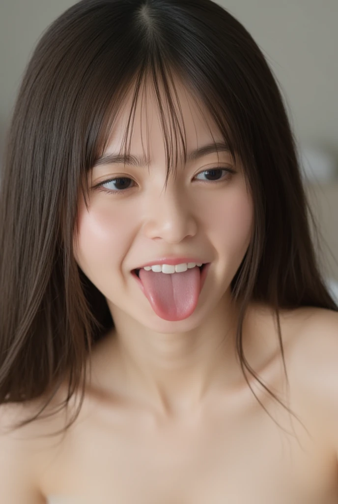 (((upper body shot))),(nude),(nipples),Ultra-high resolution,big eyes,smile,(open mouth with tongue),((tongue out)),Japanese,bangs,(a girl),(1 girl),((18-year-old)),((cute)),pretty,eyes closed