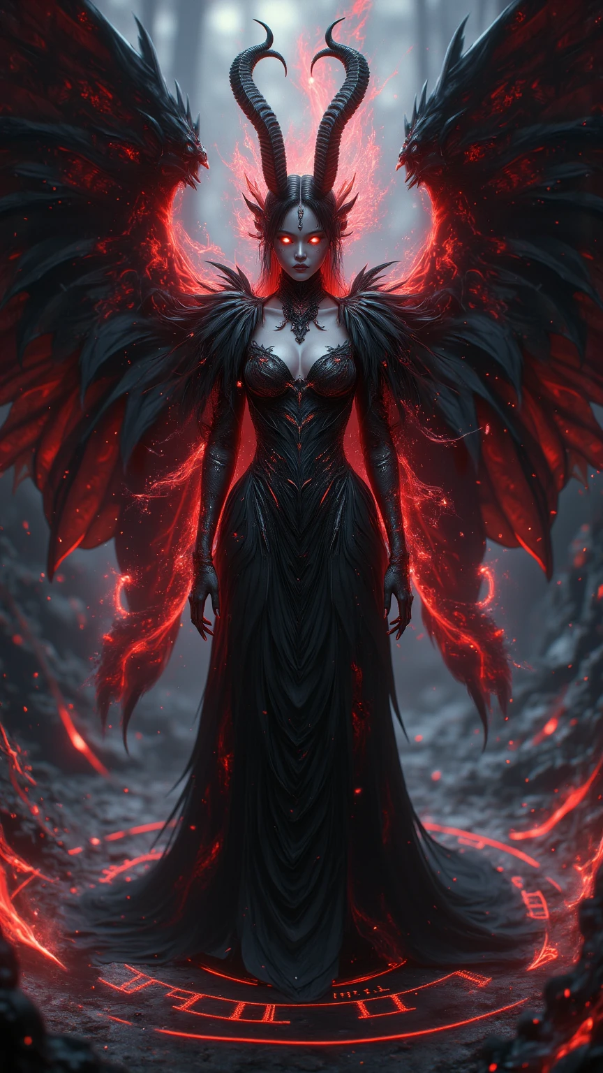 (best quality,4k,8k,highres,masterpiece:1.2),ultra-detailed,(realistic,photorealistic,photo-realistic:1.37),sinister female demon from the depths of the universe with terrifying face,elegant appearance,fierce expression,pale skin and dark shadows,sharp pointed teeth,(extra-long,extremely detailed) snake eyes all over her body,dark flowing hair,long wavy black hair,glowing red eyes,sharp claws,dark aura,ominous atmosphere,demonic presence,smoke and fog,cosmic background with stars and galaxies,celestial scenery,mystical energy,ethereal glow,otherworldly beauty,nebula dust and scattered planets,lunar eclipses and shooting stars,galactic dust and lighting,cursed and forbidden beauty,serpent-like tongue and scales,glowing dark wings with intricate patterns,black feathered wings with metallic sheen,silhouette of jagged mountains,enchanted glowing forest with twisted trees,phosphorescent flowers and plants,bloody crimson moon,fractured dimensions and portals,crackling electricity and energy sparks,hauntingly beautiful,deceptive and captivating,female manipulation and supernatural power,mysterious and alluring,powerful and untamed,fearful and respected,gothic and surreal art style,vivid contrasting colors,black and red color palette,dramatic lighting with deep shadows,juxtaposition of light and darkness. nipples
