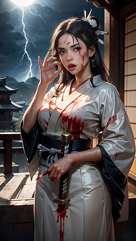 Japan 20-year-old female、[object object]、(detailed facial features:1.3)、1 female、delicate face、bright eyes、beautiful face、((japanese princess))、Inside the palace、japanese architecture、during war、((combat readiness:1.2)) 、((blunt bangs))、outdoors、((wet clothes))、wet skin、((storm rain:1.3))、cloudy sky、Sengoku costume、red sky、((full moon:1.2)) 、night、fierce wind、dynamic shot、black hair、long hair、red and white clothes、phoenix pattern clothes、（RAW photo、16k、masterpiece、highest quality：1.2）、（Super realistic、Super detailed and intricate realism：1.3） )、(広い is written in depth、Radiant mapping、Ray tracing、God Ray: 1.2)、high dynamic range、Crisp and rich detail、vivid shadows and highlights、realistic and intense、enhanced contrast、(((Samurai with sword:1.1) )))、((blood stains on face:1.3))、((damage to clothing:1.3))、HDR、Natural light、chignon、strong gaze、One breast is coming out