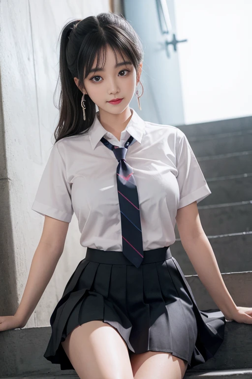 ((from below:1.4)),((High definition)),((high resolution)),((High definition)),((detailed)),((8K)),((Perfect Face)),((Perfect body)),((Realistic)),((Real)),((Realistic)),((beautiful girl)),((school uniform)),((((skirt lift yourself both hands1.2)))),((show off panties:1.4)),(cameltoe:1.2),((big breasts:1.1)),((hairstyle that shows off the forehead))、((Embarrassed expression))、((Wearing pink panties))、((very short skirt))、long hair、Smile with your mouth closed、Jet black hair、Dark brown eyes、Very white skin、Double eyelids、Big Eyes、Schoolyard、blue sky、sunny、Looking down here、