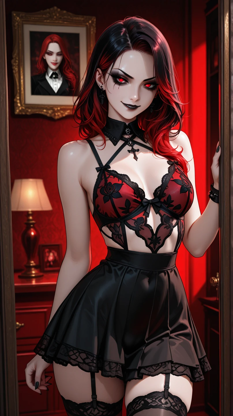 (masterpiece, best quality), 1girl, red hair, medium chest, gothic frill dress, pervert face, <lora:add_detail:1>
