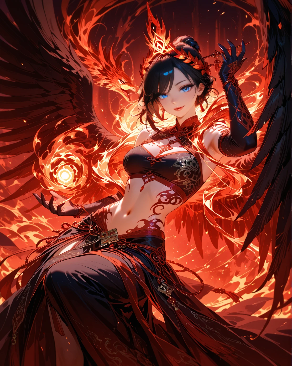 (Golden ratio:1.2),[(Black background:1.4)::10],(细腻细致), (Intricate details), (Cinematic light, 最优质的背光),(1girll),Solo,full bodyesbian,underboob dress,Red eyes,(high twintails:1.3)+(long whitr hair:1.3),Red hair,(disdain:1.1)+(A look of disgust:1.3)+(Female imps:1.4),(Small breasts),(flame wings:1.3),Cross your hands at the waist,(On the Great Lakes:1.3),At night,Stone piles