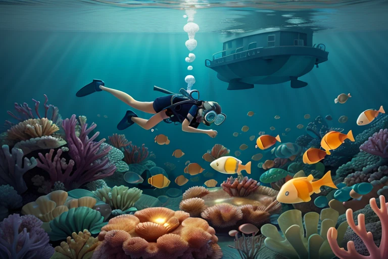 There is a diver doing an outboard survey in the lower right corner,
deep seaを調査する小型探査船,colorful,
Large group of glowing jellyfish, deep sea, Undersea Ruins , Glowing Plants , mysterious