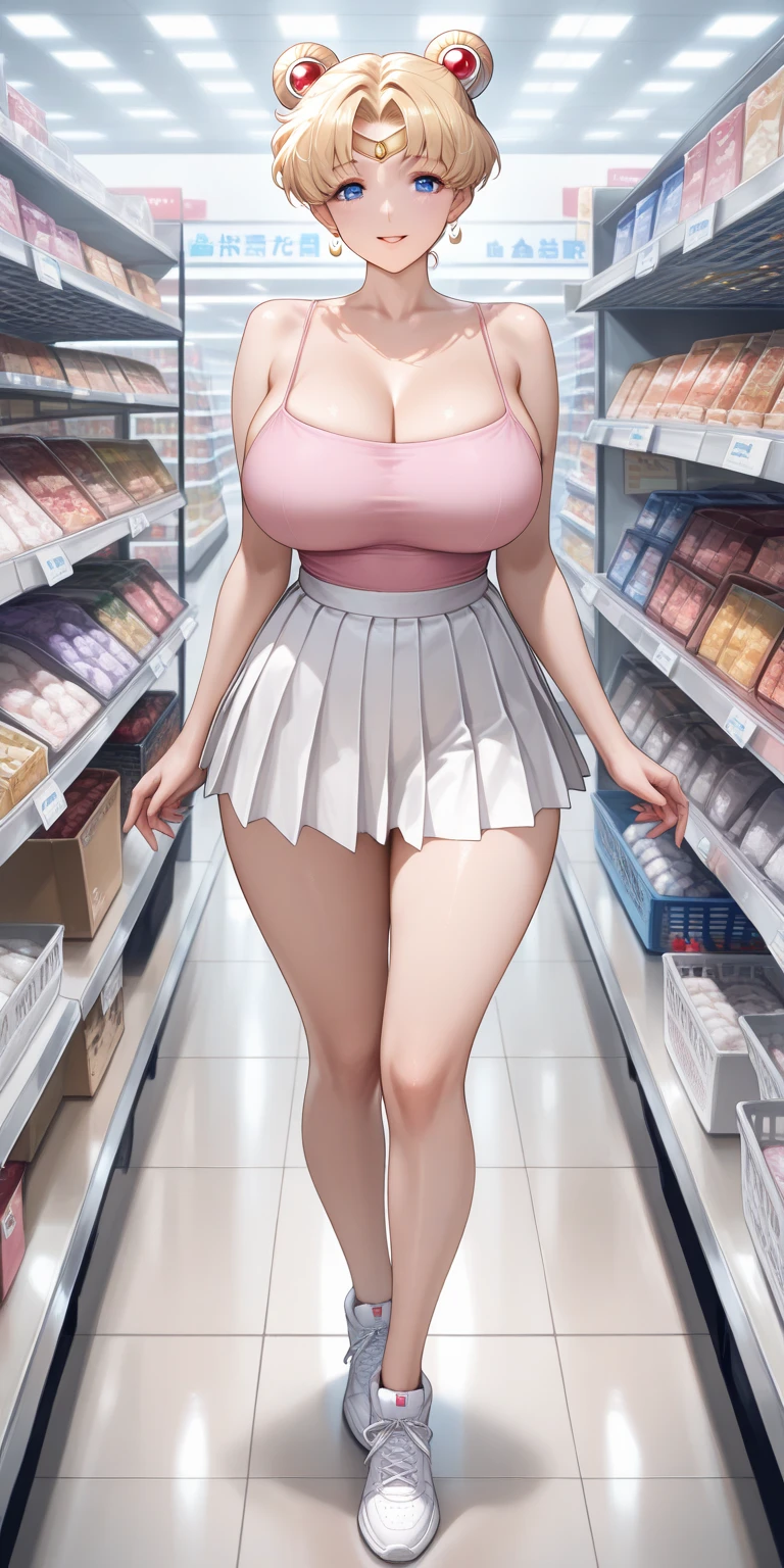 1 girl, golden blonde hair, tips of hair dyed pink, golden eyes, dark tan skin, solo, gyaru, shoulder length hair, high ponytail, curvy, very wide hips, large ass, narrow waist, thick thighs, very huge breasts, small tan lines, pink crop top, underboob, black mini skirt, apartment living room, carrying grocery bags