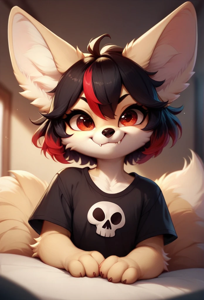 Fennec fox, cute girl, ???, chibi, 4 fingers, short hair, black hair with red highlights, red eyes, fangs, headphones, listening songs, closed eyes, smirk, distracted, black and red flying musical notes coming out of the earphone, in the bedroom, in the bed, black walls, rock posters, skull posters, night, low lighting, alone