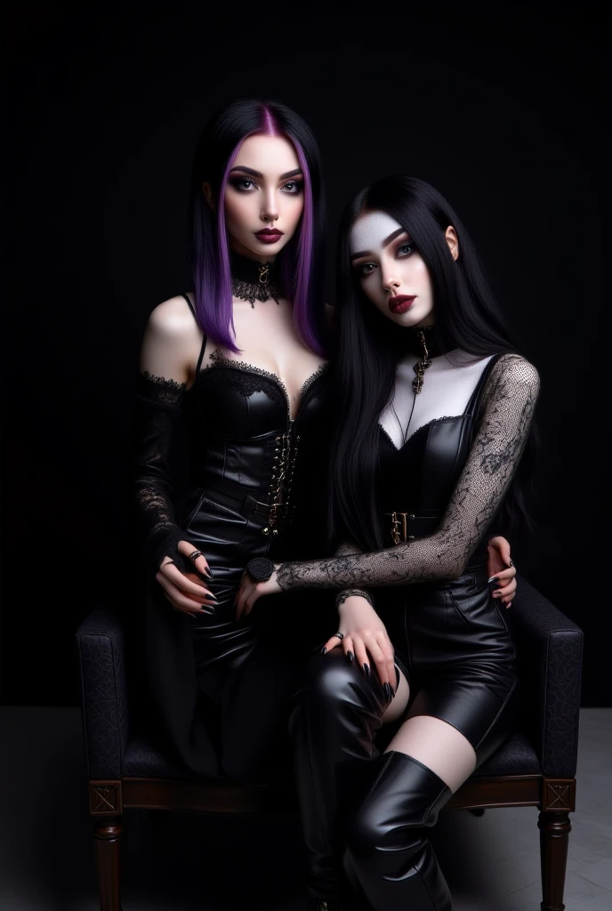 Sexy demonic couple dressed in latex lingerie posing for a photo, purple neon lights, fundo roxo, Darksynth aesthetics, Fashion Aesthetic Fetish, Corpo Perfeito, Sexy Well, demon woman, Gothic fashion, gothic aesthetic, vampire aesthetics.