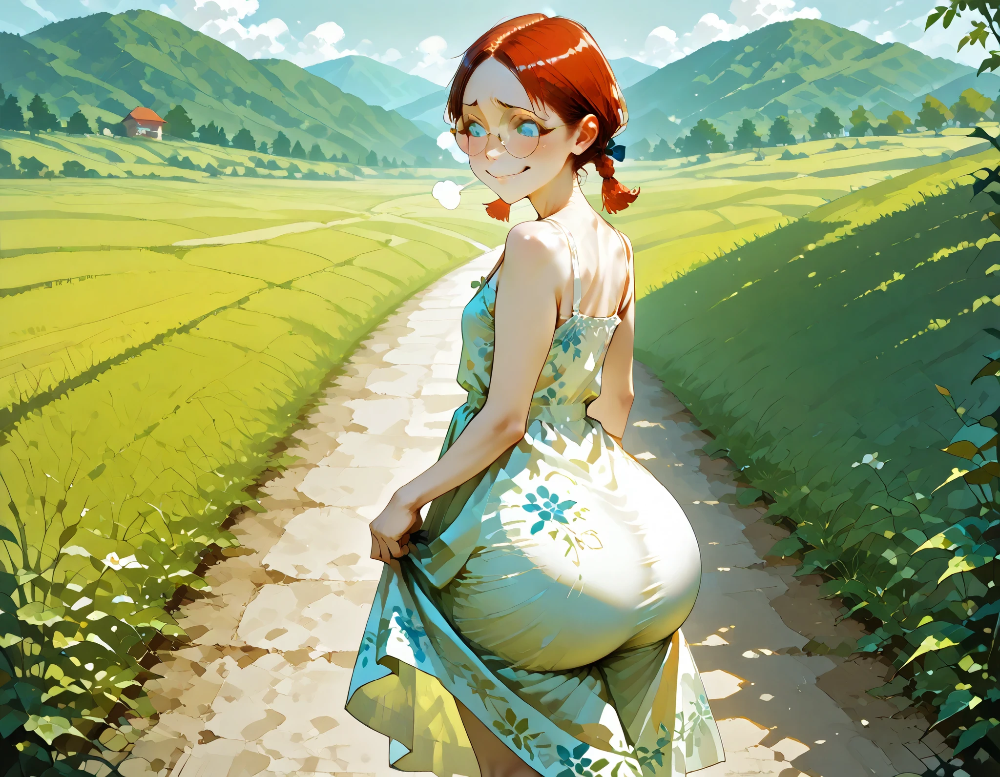 art by kipteitei, (1girl, solo:1.1) out of breath, walking down hill, floral sundress, (best quality, masterpiece).  from the side, lanscape picture, sunbeams, beautiful landscape, ,  red face, (smug emotions), (wide infragluteal fold:1.2), () , (pulling her skirt up), (beautiful blue eyes)  (small breasts), (pale ass:1.2) (skinny girl:1.2), round glasses, (huge ass)