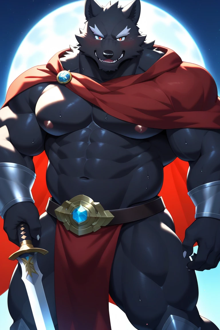 by sligarthetiger, by snao, by sssonic2, (muscular), (bulge), (tall), (abs), (wide hips), (thick thighs), (big butt), male, furry, anthro, canid, canine, canis, wolf, high heels, best quality, illustration, tail, thigh high boots, skimpy armor, choker, platform heels, piercings, long hair, shadow, sword, leg armor, arm gauntlets, armor, chest armor, unconvincing armor, ineffective clothing, long sword, chest armor, torso armor, scars on body, steel bikini, intimidating, high quality, illustration, iron armor, scars, scar, castle, chest tuft, fur cape, earrings, raining, night, black hair, scars on face, scars on chest, scars on legs, scars on arms, black body, blue eyes, large sword, black armor, grey inner ear, black sword, muscles, dark black body, black fur, castlevania, ebony,