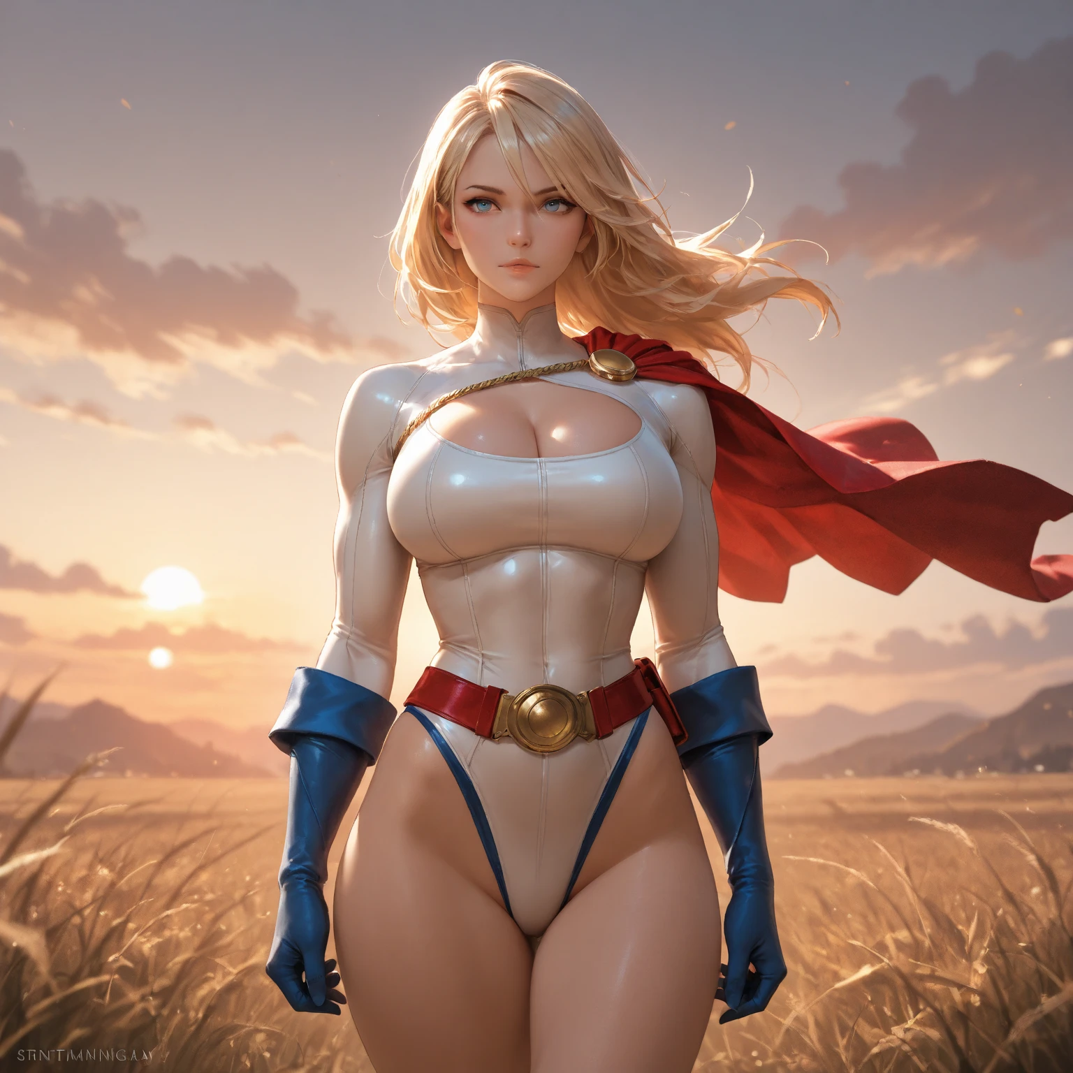 photo of alexandra daddario, highres, masterpiece, 1girl, solo, best quality, realistic,
outdoors, looking at viewer, perspective shot,
((cosplay)), (power girl costume) (blonde hair), short hair, smile, aroused,
(big round boobs)(cleavage)(sexy figure)(sexy abs)(sexy legs)(woman)
4K, HDR, (realistic lighting). by (James C. Christensen:1.2|Jeremy Lipking:1.1).