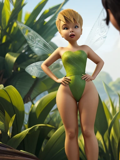 (flying TinkerBell open thighs),(white panties),(Natalie Portman open thighs),up skirt,(shoot from below),wind from below,forest sky,masterpiece, top quality, highly detailed,(strapless green dress),Blonde hair in a high bun, blue eyes, fair skin, arched eyebrows, pink lipstick, translucent wings,puffy nipples,camel toue,open thighs,