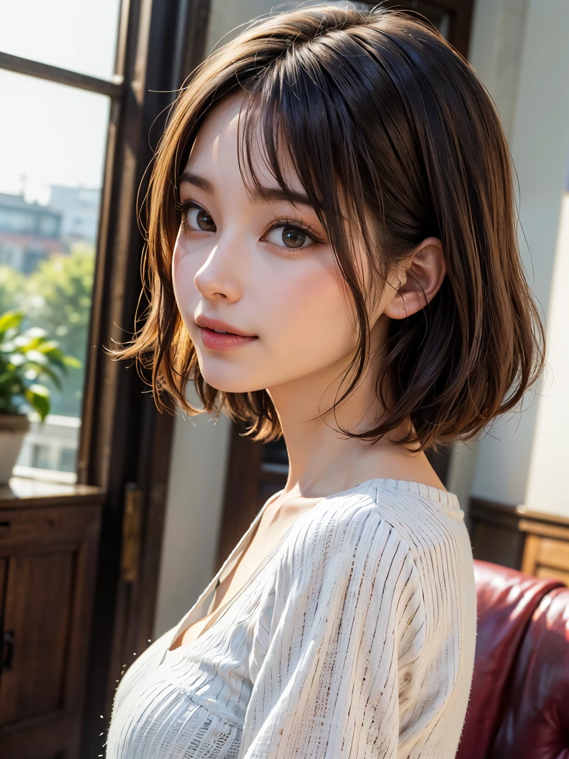 Pixie cut Very, very short hair Uneven hair tips Smile Brown hair Very short hair