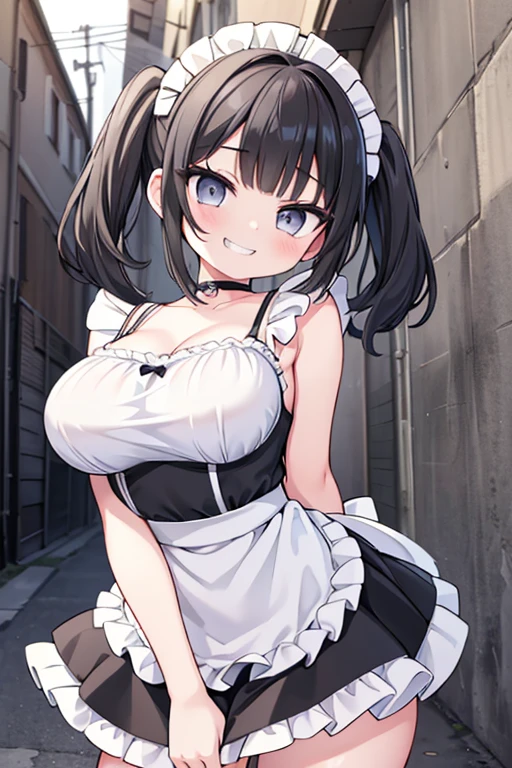 (8K、Highest quality、highest quality、masterpiece)、Detailed face、One girl、 Black Hair、short hair、twintails、blunt bangs、Grey Eyes、evil smile、((Grin))、((Maid clothes))、((White panties))、Cowboy Shot、((bent over))、Back Alley Background、Very large breasts、Nipples are visible