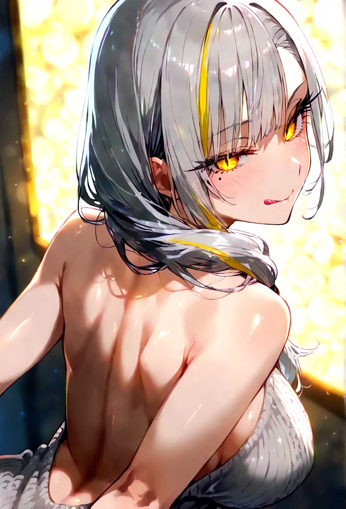 upper body of Grey Wolf Woman, Strong, fearsome, grey hair, wolf ears, (naked), topless, (small breasts), dark atmosphere, dark alleys at night background