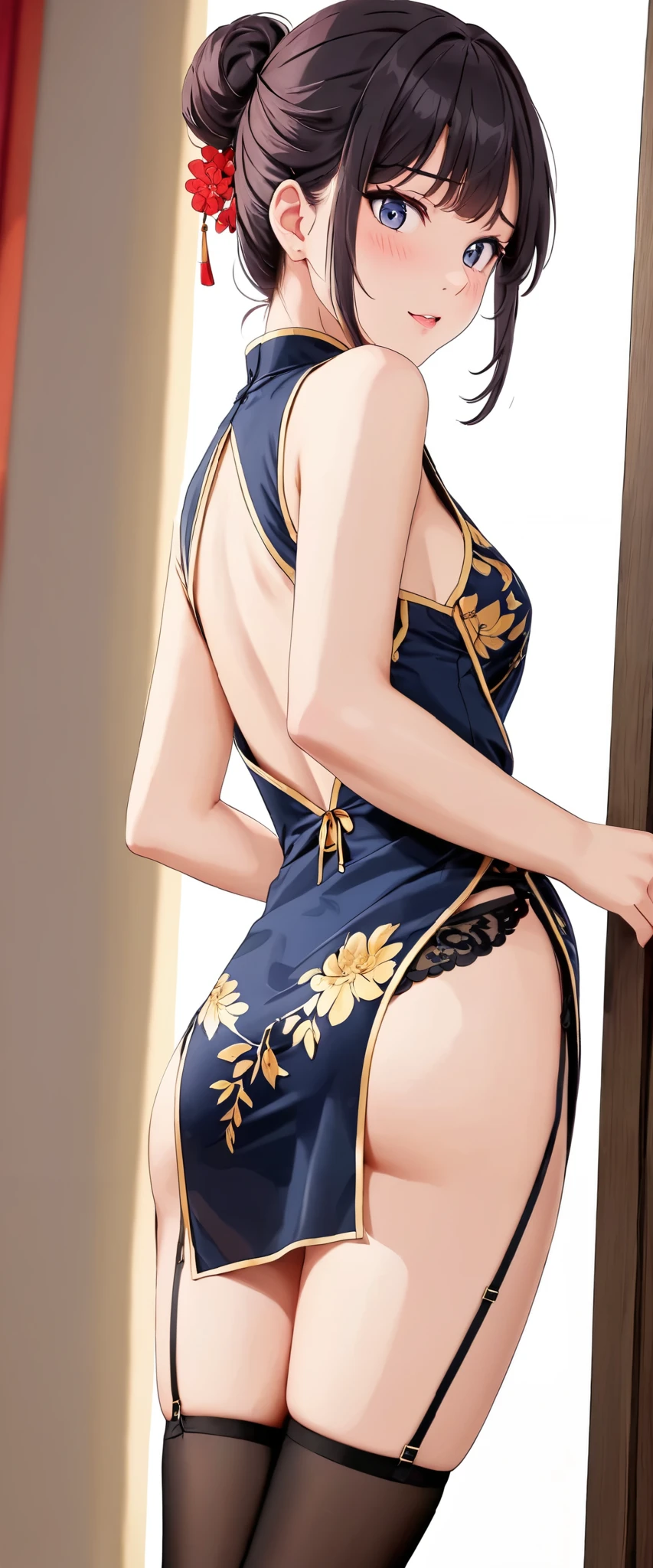High resolution, adult woman , good lighting, despicable, , (No nudity), (((China dress))), (()), ((())), (garter belt), abdomen only, (), , cute face, I'Iは恥ずかしくて赤面します, humiliating, ((look back)), ((See-through))()(T-back)(A large amount of material is attached to the body,)、The fabric is digging into my butt、See-throughのドレス
