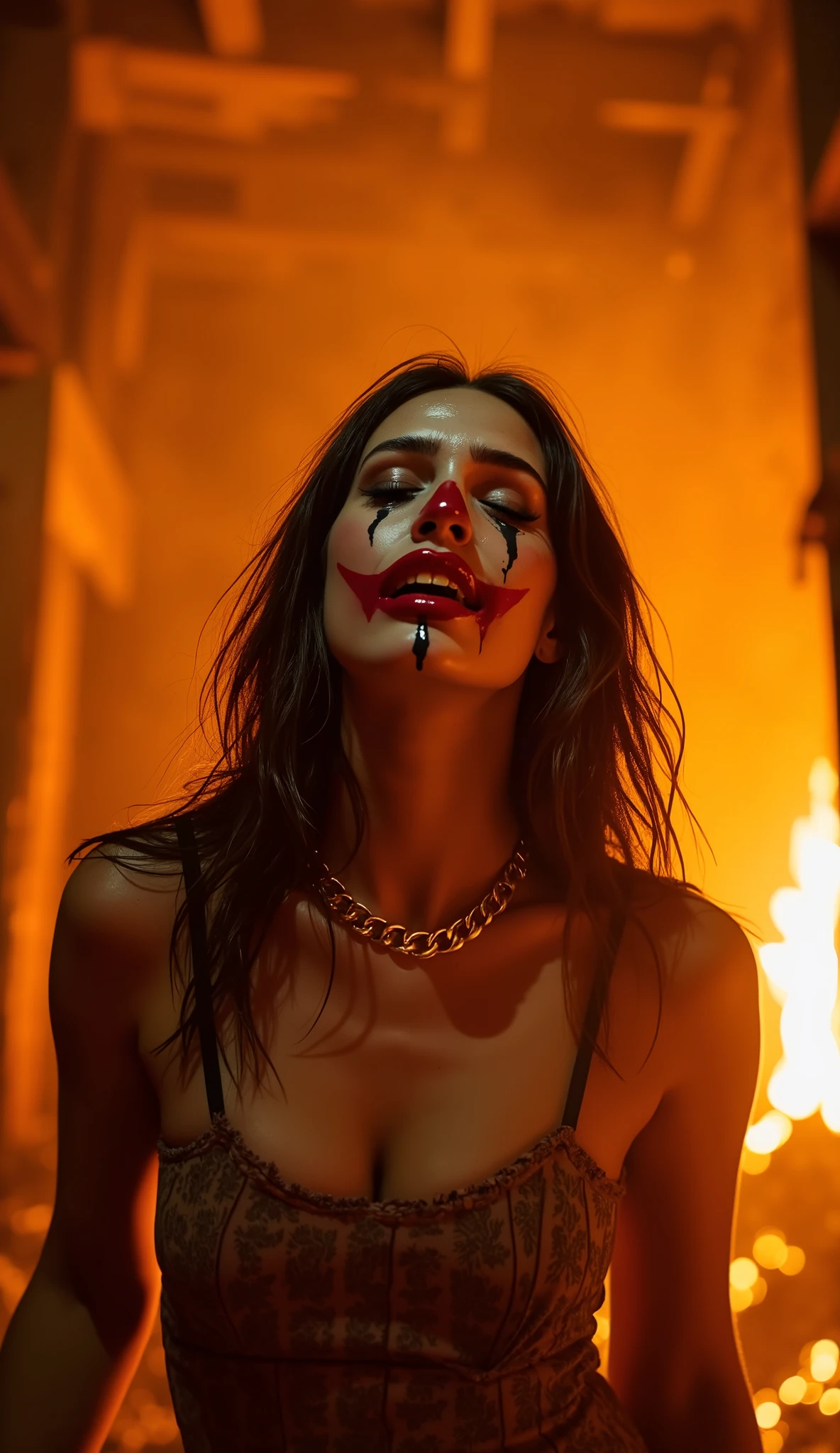 Extreme close-up shot of **a brunette woman in full SAD CLOWN makeup, standing in the middle of a burning warehouse**, her **tear-streaked face illuminated by the roaring flames, her expression frozen between devastation and collapse**.
Her **makeup is completely ruined—black streaks of eyeliner and mascara running chaotically down her sculpted cheekbones, red lipstick smeared and cracked from her violent sobs, her exaggerated clown face now a melting, broken mask**.
Her **hazel eyes, swollen and glassy with tears, tremble as she gasps for breath, her long, wet brunette hair clinging to her damp skin**, strands stuck to the **smudged white foundation streaking down her face**.
Her **lips quiver, slightly parted, her breath uneven, hitching between sobs**, the fire’s **glow reflecting in the wetness of her face**, making her appear as if **she is dissolving into the destruction around her**.
Behind her, **the warehouse collapses—wooden beams crack and snap, the ceiling disintegrating into embers, flames swallowing everything**, yet **she remains still, standing frozen, caught in an emotional breakdown while the world burns**.
Her **gold Cuban-link chain glows faintly against her exposed collarbone**, untouched by the flames, an eerie contrast to the destruction surrounding her.
The **air distorts from the heat, making her image flicker like a fading illusion, her face appearing blurred and surreal in the thickening smoke**.
The **only sounds are the crackling of fire, the crumbling of the building, and her soft, choked sobs echoing in the collapsing space**.
The **scene is hypnotic, cinematic, and painfully raw—a high-fashion, apocalyptic portrait of sorrow, trapped between beauty and destruction**.
**Luxury noir surrealism, extreme close-up, hyper-detailed smeared makeup, deep cinematic contrast, high-fashion apocalyptic aesthetic, ultra-high resolution, 4K.**
