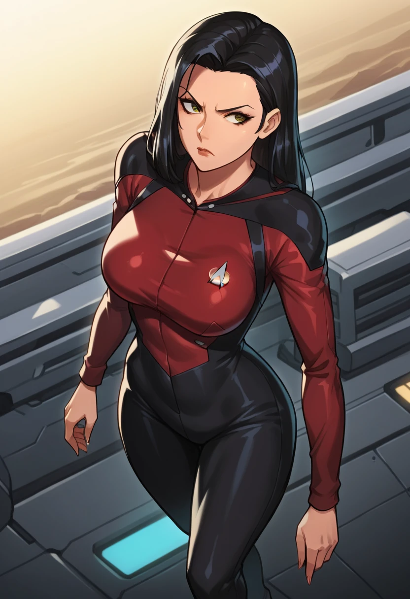 Outstanding picture quality, outstanding details, Ultra-high resolution, (Realism: 1.4), ((close up:0.75)), the best illustration, favor details, Highly concentrated for 1 very young Martian woman, beautiful and delicate face, Short tousled hair, Painted in fiery scarlet color(Vermilion hair), Brilliant golden eyes with vertical pupils, A very vulgar look, Bronzed Skin, sexually licks lips, Perfectly proportioned, (Slim:0.3, small breasts with hardened nipples), Wear a very tight fit (Deep kameltoe) Monolithic silver shiny Starfleet jumpsuit, Unbuttoned to the waist(Breasts are visible), I love metallic red, inside a spaceship, Spacecraft control panel, Vessel management, The captain's bridge of the spaceship in the background, sexy playful pose, full-length from a short distance