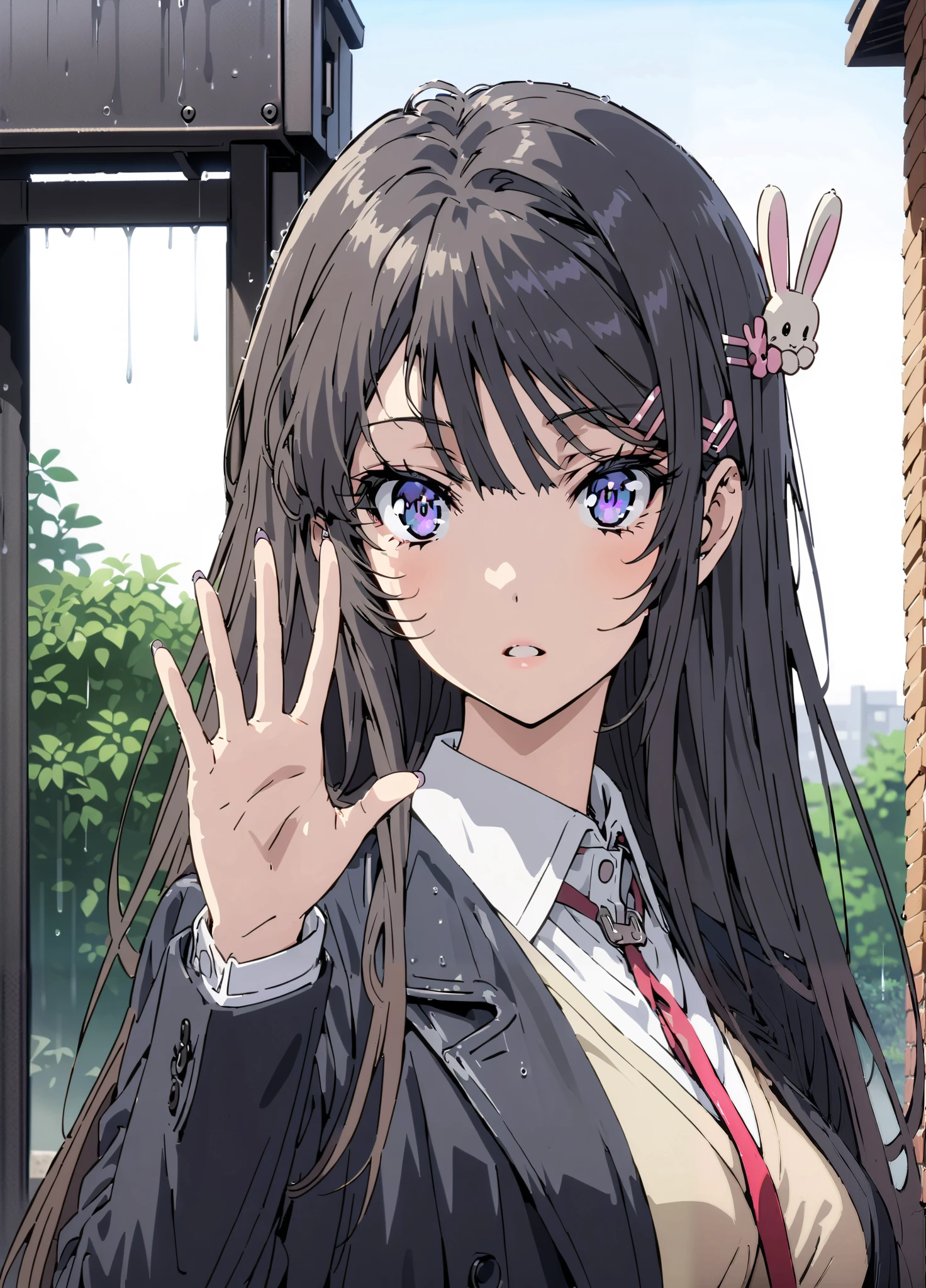 household, Mai Sakurajima , long hair, bungs,   black hair, hair accessories, purple eyes, hair clip for hair, rabbit hair accessories,Glasses,suit, pencil skirt, jacket,  shirt,Black Pantyhose,pin heels,standing,Medium breast,rain宿り,rain,full bodyがillustration for both eyesに入るように,break outdoors, A bus stop with a roof,
break looking at viewer,full body,
break (masterpiece:1.2), top quality, High Resolution,  Unity 8K Wallpaper , (illustration for both eyes:0.8), (Beautiful Detailed Eyes:1.6), very detailed face,  perfect lighting, highly detailed CG, (perfect hand, perfect anatomy),