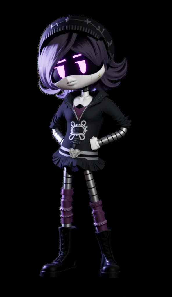 <lora:Iris:1>Ruby gloom (one-eyed:1.2), striped panties, striped legwear, thighhighs, black hair, cowlick, red collar, black dress, colored skin, colored sclera, purple eyes, black and red stripes, (cyclops:1.3)
BREAK <lora:3DMM_V5:1> 3DMM,, standing in front of a simple background