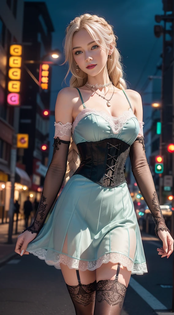8k, masterpiece, RAW photo, best quality, detail:1.2),photorealistic, extremely detailed CG unity 8k wallpaper, Depth of field, Cinematic Light, Lens Flare, Ray tracing, (extremely beautiful face, beautiful red lips, beautiful eyes), intricate detail face, ((ultra detailed skin)), 1 woman in the dark, deep shadow, pretty woman,(slim slender fit-muscled body:1.3), ((looking at viewer)),(big smile), (laced dress), (shot sleeve) , (city night, (neon sign), (night), earrings, bracelets, necklace, pantyhose, clear eyes, makeup, walking, face forward, (big green eyes), ((upper body shot)), dress, laced dress, turning back, back shot, very slim, slander, blond braid hair over shoulder, pink blue, dress, 3D, rich colors, makeup, (lace stockings with garters, cord trim, lace), [[bodysiut lacy lace-upp]], (Intricate detailed multi-layer bodysiut lacy lace-upp), corset, skirt, silver, earrings, necklace, bracelets, valuables