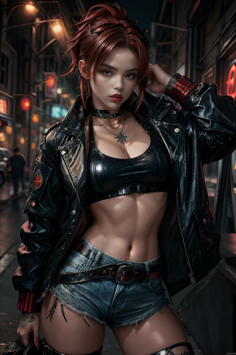 (Ultra-detailed eses), (((textile shading))), (((Best Quality))), (((masterpiece))), (((Ultra-detailed CG))), sassy girl in red district, (((magical ))), (), (tiny chest, big breast), short style red wavy hair, ((with bangs, with bangs, gorgeous hair)), blue eyes, (((wearing red brassiere with brokat & lace, leather jacket, y2k ripped shorts, black stockings))), ((striking a pose)), (((Game CG)) (gorgeous, sassy, it girl), fancy piercing jewelry, casually posing lean in graffiti-covered walls, red light mood, neon lights, vibrant colors, night scene, gritty atmosphere, 4K, strong punk atmosphere, cowboy shot, midshot, centered image, eye on camera.