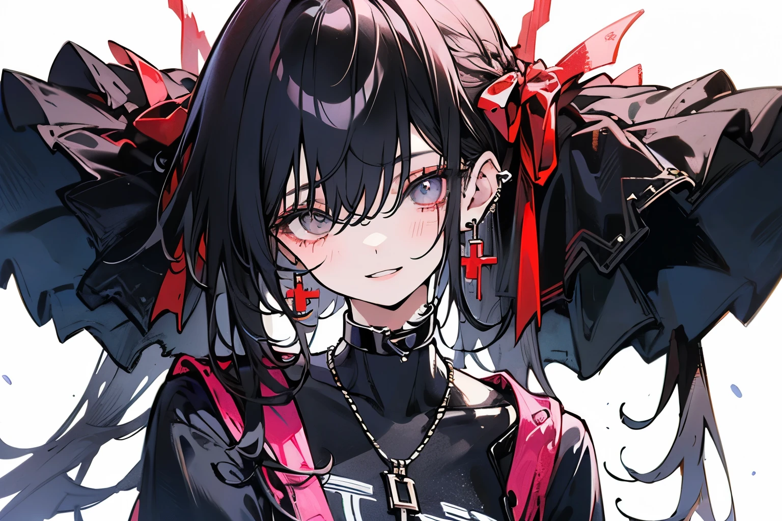 The female character shown in the images has the following characteristics:

- **Hair**: Black with bright pink highlights. She has a high ponytail hairstyle, often tied with a large red bow.
- **Eyes**: Large, blue in color and very expressive.
- **Skin**: Fair with marks or scars on the face, giving a worrying appearance.
- **Face**: She often wears a worrying or mischievous expression, with bloody marks around the mouth, reminiscent of a forced smile or a smile-shaped scar.
- **Clothing**: She is seen in casual clothes like a purple hoodie, as well as more gothic/punk outfits with red and black plaid designs, accessories like necklaces and earrings.
- **Accessories**: She often has a bloody knife in her hand, and wears necklaces, including one with the name "JEFF" and another with "NINA".
- **Posture**: She adopts relaxed but threatening postures, adding to her dangerous appearance.

### Personality

- **Psychopath and Sadist**: His appearance and bloody accessories suggest a sadistic personality. She seems to take pleasure in inflicting pain and creating fear.
- **Confident and Scary**: She exudes great confidence in herself, almost arrogant. Her facial expressions and postures suggest that she enjoys being the center of attention and is fearless.
- **Playful and Provocative**: She has a playful and provocative side, using gestures like peace signs in an ironic or sarcastic way.
- **Loyal to Jeff**: The "JEFF" necklace suggests a strong loyalty or obsession with a certain Jeff, perhaps another psychopathic figure or significant influence in his life.
- **Mysterious**: She maintains an aura of mystery around her, only partially revealing her intentions or her past, which makes her even more intimidating.