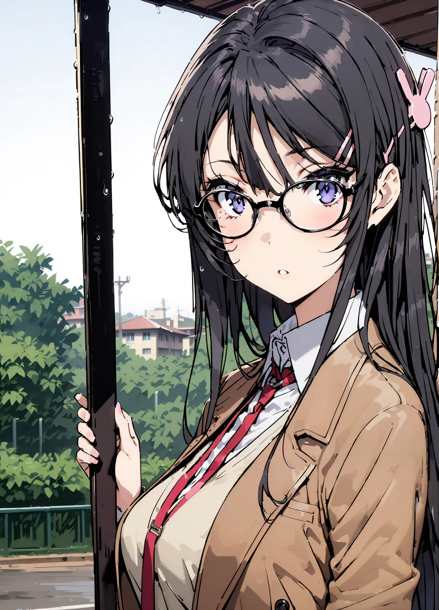 household, Mai Sakurajima , long hair, bungs, black hair, hair accessories, purple eyes, hair clip for hair, rabbit hair accessories,Glasses,suit, pencil skirt, jacket, shirt,Black Pantyhose,pin heels,standing,Medium breast,rain宿り,rain,full bodyがイラストに入るように,break outdoors, A bus stop with a roof,
break looking at viewer,full body,
break indoors, classroom,
break looking at viewer,
break (masterpiece:1.2),top quality , kampala, Unity 8K Wallpaper ,(shape:0.8),( fine, beautiful eyes :1.6),It's a person ,full body写真,CG Details , (perfect hands with full nudity, complete anatomy),