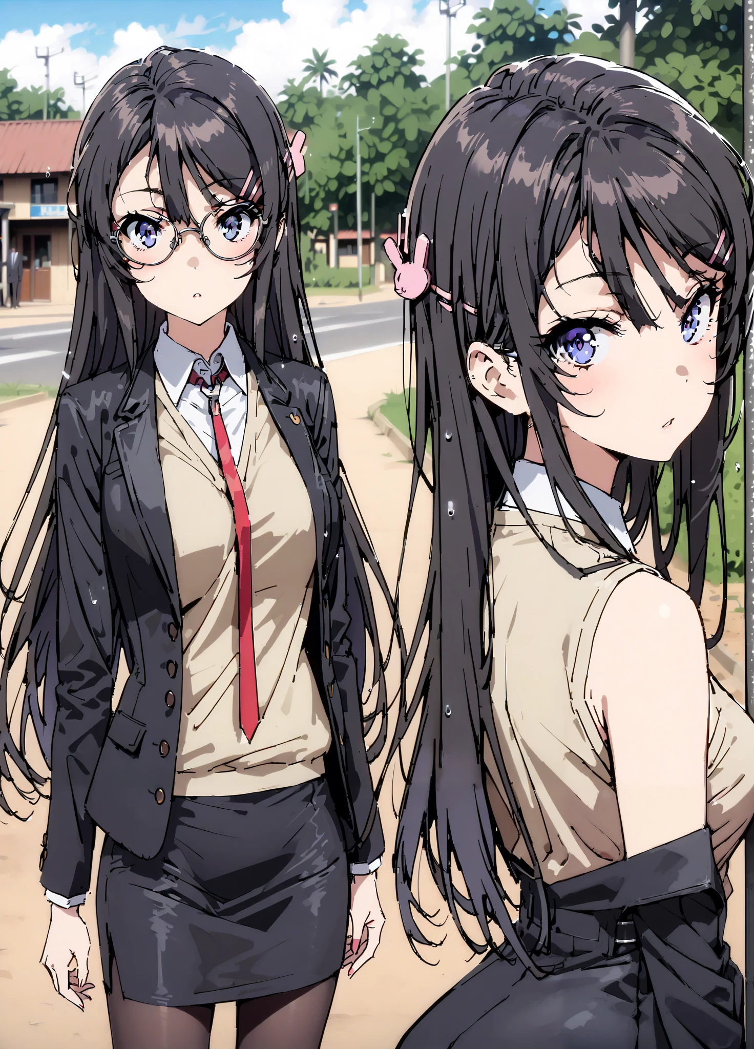 household, Mai Sakurajima , long hair, bungs,   black hair, hair accessories, purple eyes, hair clip for hair, rabbit hair accessories,Glasses,suit, pencil skirt, jacket,  shirt,Black Pantyhose,pin heels,standing,Medium breast,rain宿り,rain,full bodyがイラストに入るように,break outdoors, A bus stop with a roof,
break looking at viewer,full body,
break indoors, classroom,
break looking at viewer,
break (masterpiece:1.2),top quality , kampala, Unity 8K Wallpaper ,(shape:0.8),(  fine, beautiful eyes  :1.6),It's a person ,full body写真,CG Details , (perfect hands with full nudity, complete anatomy),