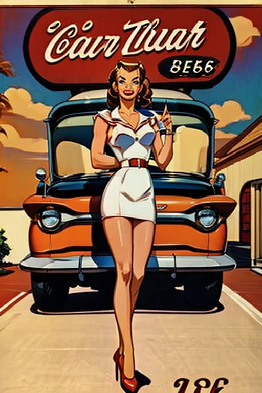 Evening sunset,in the style of Pin Up, actress tamanna, higly detailed,Colorful pin-up art, art style, kodak portra 400, cinematic, (smiling:0.6), 60s American pinup, art style, a waitress only wear an apron , solo, Extra Short Pettiskirt, suspenders, cleavage, European, Retro vintage art print, poster of a sexy, glamorous pin-up girl, full body shot, fully in frame, full-body_portrait, full-length_portrait, fully_in_frame vintage, 50 mm, retro art, text displaying "Fallout 4", advertisment poster, poster for fallout 4,