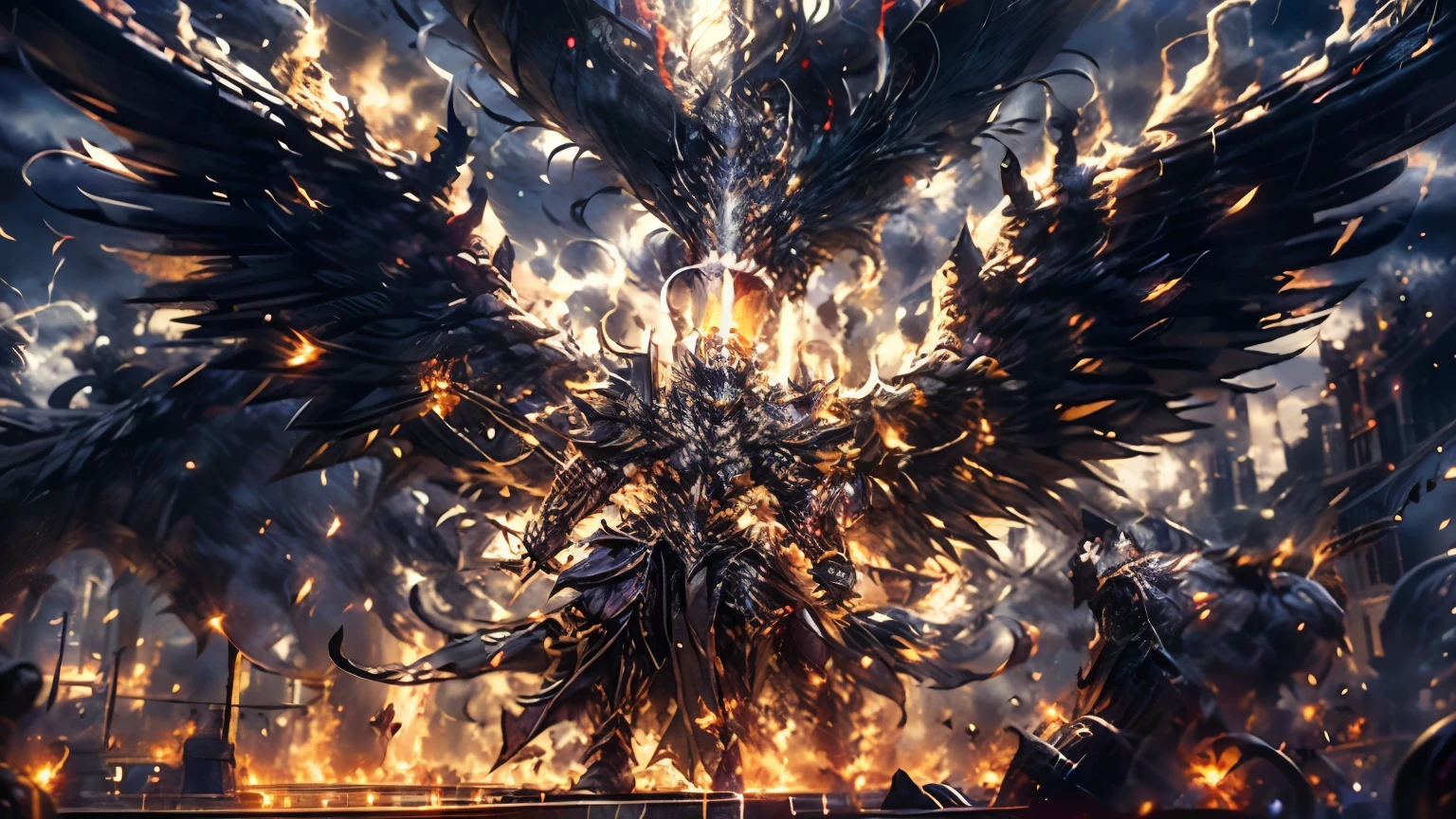 From the heights of a sky torn by fire and shadow, the final battle between angels and demons erupts with apocalyptic intensity. Below them, Earth stretches vast yet devastated, with raging oceans and continents engulfed in flames. Entire cities lie in ruins, their structures collapsing as towering columns of black smoke rise into the atmosphere. Gigantic explosions ignite across the surface, scattering fire and debris into the sky while shockwaves shake both land and heavens.
In the foreground, a mighty warrior angel leads the charge, his golden armor bathed in celestial light, his sword of pure energy glowing with a blinding radiance. His wings, though battle-worn, still unfold in divine splendor. His gaze burns with unshakable determination as he lunges toward a colossal demon mounted on a steed of shadow and fire. The infernal beast, its cracked obsidian skin pulsing with veins of molten fury, bares razor-sharp fangs and claws that gleam with the promise of destruction.
But this is not a battle of two. Behind the angel, an entire celestial army descends in perfect formation, thousands of winged warriors wielding divine spears and swords that shine like stars in the darkness of war. Their armor reflects the radiance of justice, and their faces, marked by both glory and battle, embody the unyielding will of the heavens.
Before them, the demonic horde surges like a nightmare made flesh—hundreds of demons of varying forms and sizes advance, some slicing through the air with tattered bat-like wings, others charging atop monstrous beasts, their blazing eyes filled with unholy wrath. Swarms of smaller scavenger demons dart through the shadows, awaiting the fall of angels to feast on their remains. The air is thick with war cries, infernal roars, and the deafening clash of celestial steel against abyssal claws.
The collision is cataclysmic. The sword of light meets demonic talons in an explosion of radiant energy and malevolent darkness. Golden and purple lightning