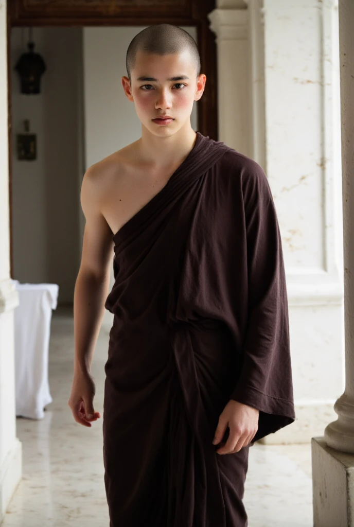 Twelve-year-old thin fair-haired elf boy in a tunic barefoot