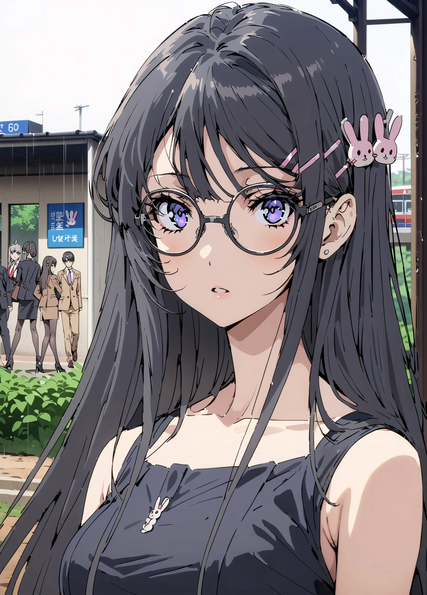 household, Mai Sakurajima , long hair, bungs, black hair, hair accessories, purple eyes, hair clip for hair, rabbit hair accessories,Glasses,suit, pencil skirt, jacket, shirt,Black Pantyhose,pin heels,standing,Medium breast,rain宿り,rain,full bodyがイラストに入るように,break outdoors, A bus stop with a roof,
break looking at viewer,full body,
break (masterpiece:1.2),top quality , kampala, Unity 8K Wallpaper ,(shape:0.8),( fine, beautiful eyes :1.6),It's a person ,full body写真,CG Details , (perfect hands with full nudity, complete anatomy),