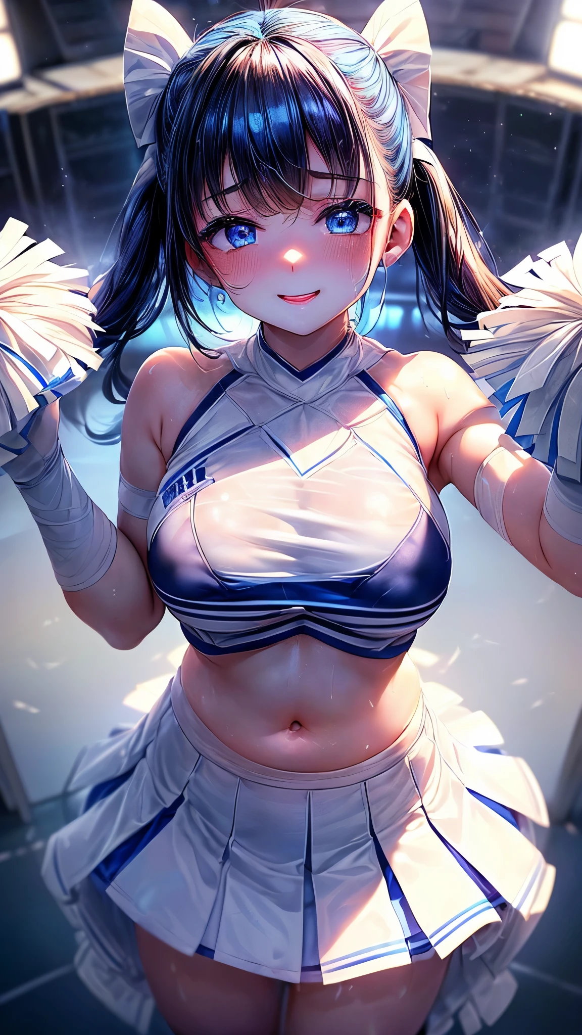 (masterpiece:1.3), (8K、best quality:1.4), (Highest image quality, intricate details, high resolution, depth field, Natural light, professional lighting), (1 girl), (solo), (asian girl, very beautiful 18 year old cartoon girl), (very beautiful woman、Beautiful woman full of charm, 美しい銀髪のbob cut, intense blue eyes, strong eye highlights, very big breasts, perfect anatomy, dynamic lighting, lip gloss), Beautiful face with perfect symmetry, beautiful detailed woman, very beautiful detailed face, very beautiful detailed eyes, Smile at the audience, laughing very happily, beautiful teeth, beautiful teeth alignment, Super detailed, very detailed, beautiful teeth, beautiful teeth alignment, Super detailed, very detailed, ((Detailed cheerleader:1.2)), light shines on your face, ((dynamic pose)), bob cut, crossed bangs, asymmetrical bangs, long neck, please show me your ears, Bansig's eyes, eyelash, cute, very big breasts、very beautiful and big, very beautiful breast shape, beautiful cleavage, tall supermodel, Supermodel with long legs, Supermodel dressed as a cheerleader, take a pose, Dressed as a cheerleader, close-up of woman, towards the camera, laughter, (cheerleader costume), ((head band, Sleeveless shirt with open chest, flare skirt, mini skirt)), Young slender gravure idol, young gravure idol, young gravure idol, Stadium background in the daytime