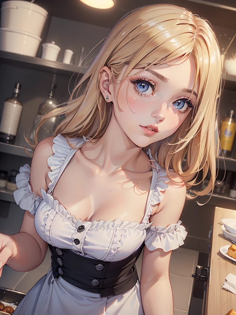 masterpiece, best quality, ultra detailed, photo realistic, high resolution, best illustration, 1girl, golden hair, hand on chin, maid costume, kitchen background. sultry look, seductive,