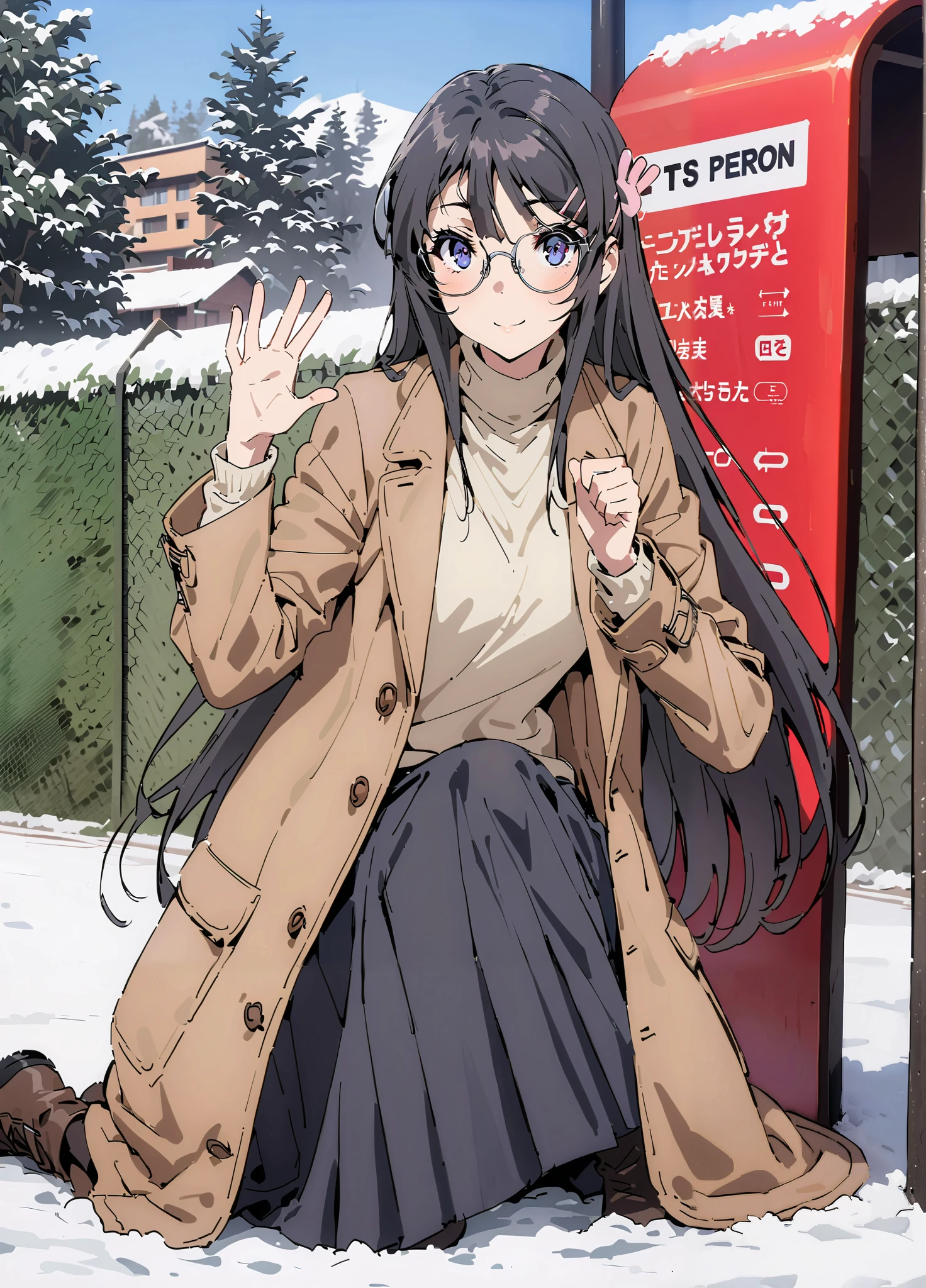 household, Mai Sakurajima , long hair, bungs, black hair, hair accessories, purple eyes, hair clip for hair, rabbit hair accessories,Glasses, duffle coat,(sweater :1.2),( turtleneck on acher:1.2),long skirt,long skirt,Black Pantyhose,boots,snow,winter,standing,full bodyがイラストに入るように,
break looking at viewer,full body,
break outdoors, bus stop,
break (masterpiece:1.2),top quality , kampala, Unity 8K Wallpaper ,(shape:0.8),( fine, beautiful eyes :1.6),It's a person ,full body写真,CG Details , (perfect hands with full nudity, complete anatomy),