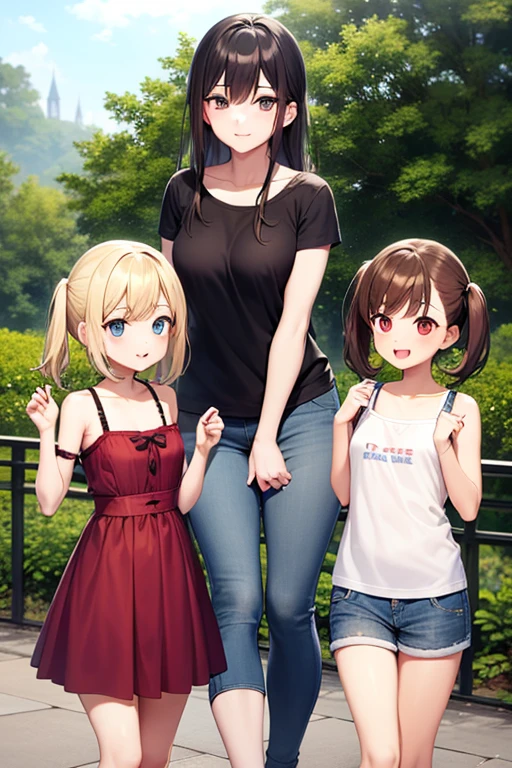 two sexy women looking down at 4 years old boy with blonde hair, looking at camera, seductive smiles, various hairstyles for women, boy is laughing, women have opened mouths moaning