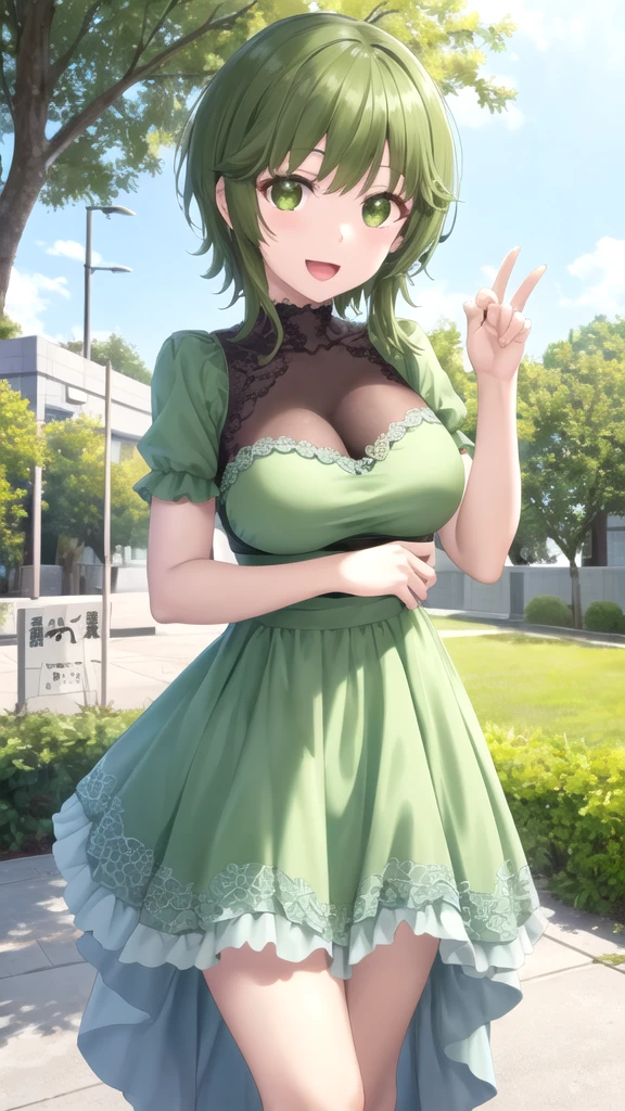 A green haired girl with purple eyes and an hourglass figure in a green Lolita dress is hiding behind a tree